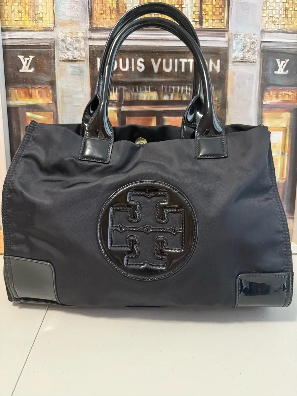 Tory Burch Black Nylon Tote Bag with Patent Leather Trim
